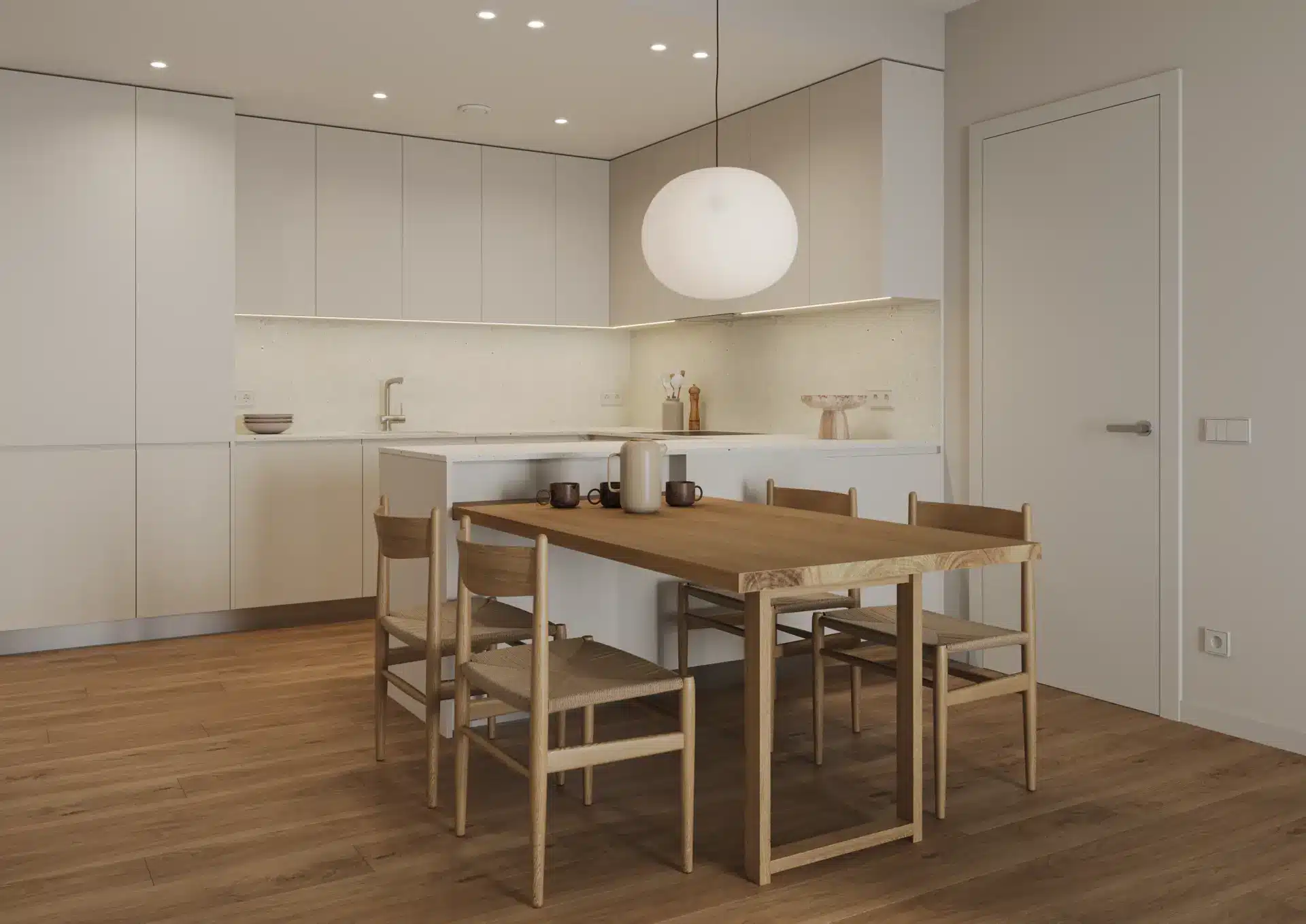 Galerija 53 Viesistaba ar virtuvi miglas baltā apdarē